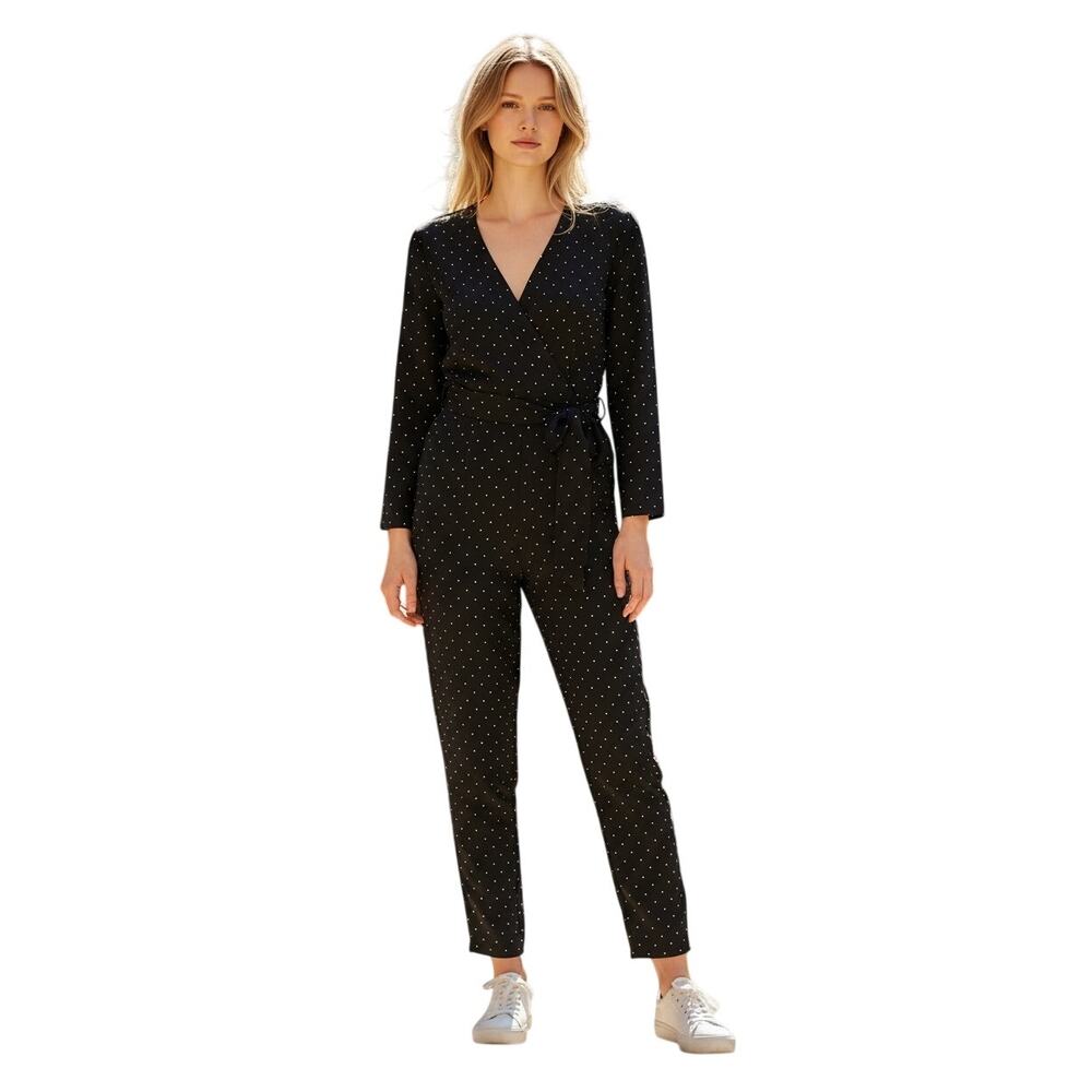 Banana Republic Polka Dot Wrap Jumpsuit Womens 0 Black Tie Waist Career Workwear